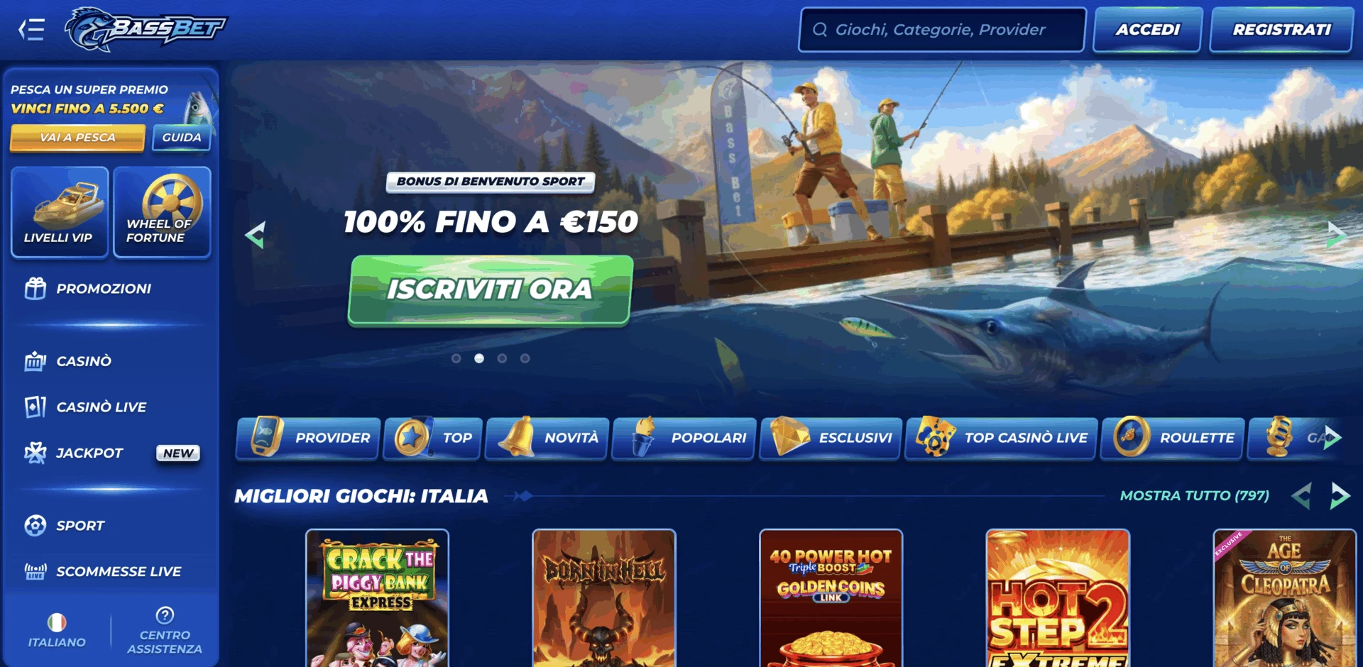 Homepage di BassBet Casinò con bonus di benvenuto sport